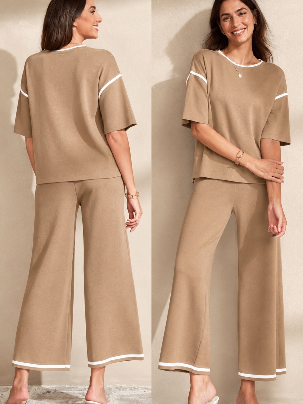 Relaxed Wide-Leg Knit Pants & Top Set — Tan